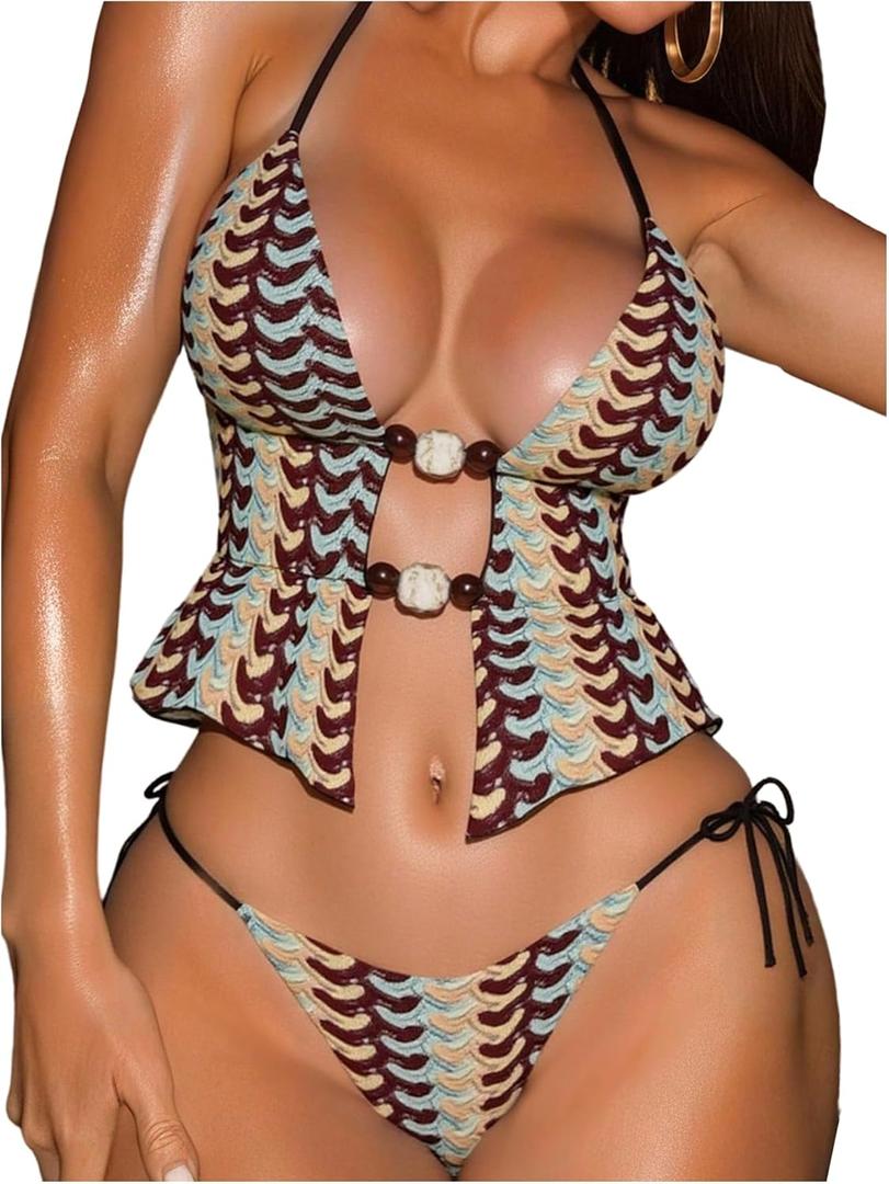 SOLY HUX Women's Halter Bikini Set Brazilian Swimsuits Cheeky String Thong Two Piece Bathing Suit Multicolor X-Large