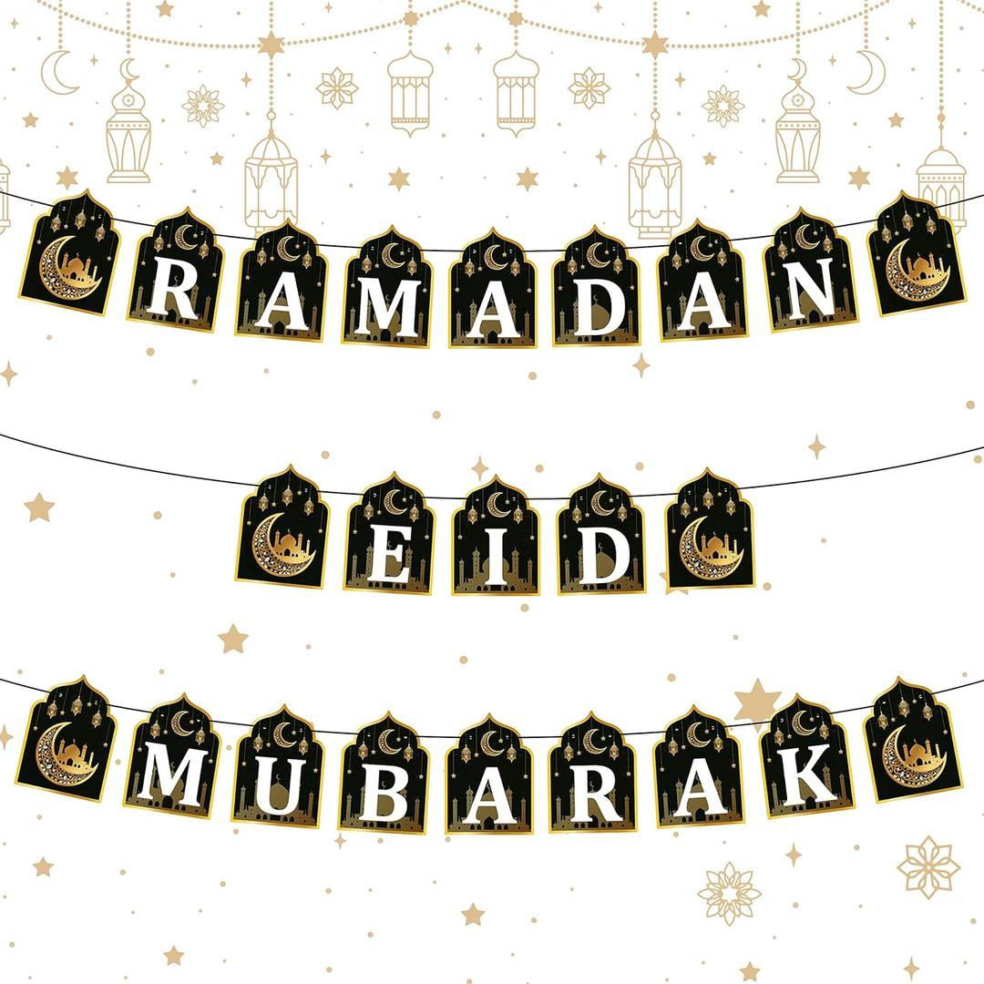 WATINC 2 in 1 Ramadan Banner Eid Mubarak Decoration, Ramadan Kareem Hanging Banners Decor, No DIY Needed Eid Al-Fitr Iftar Party Favor Hang Garland Supplies for Home Tree Fireplace Wall (10 Feet) (Black)