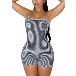 Women's Sexy Backless Short Jumpsuit Sleeveless Tie Back Knitted Bodycon Rompers One Piece Short Bodysuit, L