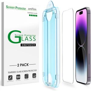 amFilm Easiest Installation OneTouch for iPhone 14 Pro [6.1 Inch] Screen Protector Tempered Glass, Auto-Alignment Tech, Bubble Free and Full Coverage Case Friendly, Anti-Scratch , 2 Pack