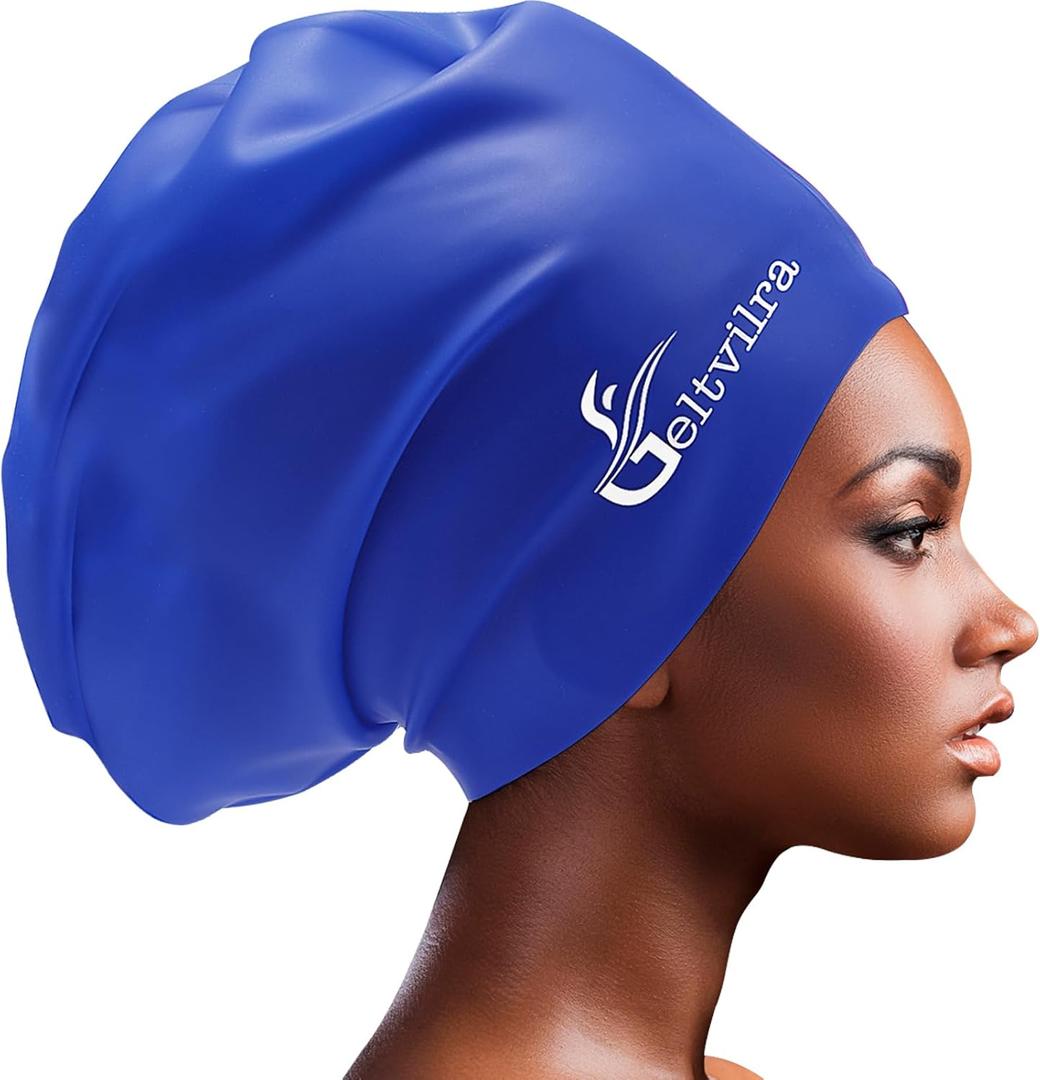 Waterproof Extra Large Silicone Swimming Caps Turban for Black Women Girls Men with Long Hair Braids Dreadlocks to Keep Hair Dry (Blue)