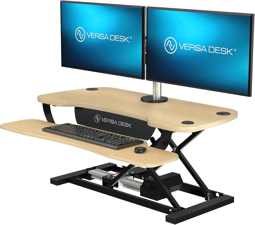PowerPro 36 Inch Electric Standing Desk Converter Push-Button Height Adjustable Sit to Stand Desk Riser for Dual Monitors & Laptop Motorized Desktop Workstation with Wide Keyboard Tray