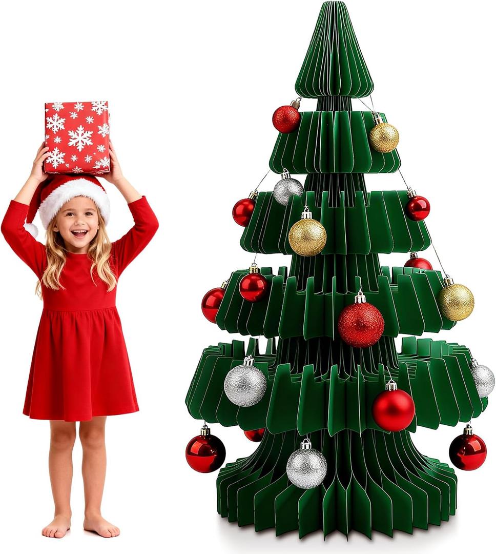 Civaner 3 ft x 1.8 ft Large Honeycomb Christmas Tree Thickened 3D Honeycomb Paper Christmas Tree with Magnetic Folding Xmas Modern Decorations Xmas for Home Living Room Holiday Decorations (35.4 Inches, Green)