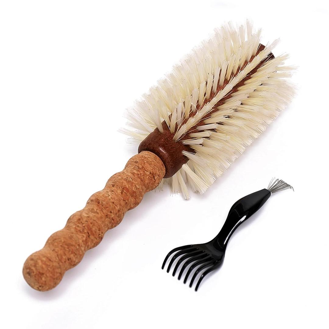 Boar Bristle Round Brush for Blow out with Cleaner Tool for Fine Hair, Blonde Bristles with Cork Handle, 2.8'' Barrel Large Round Boar Bristle Hair Brush for Blow Drying, Add Volume & Shine for Women