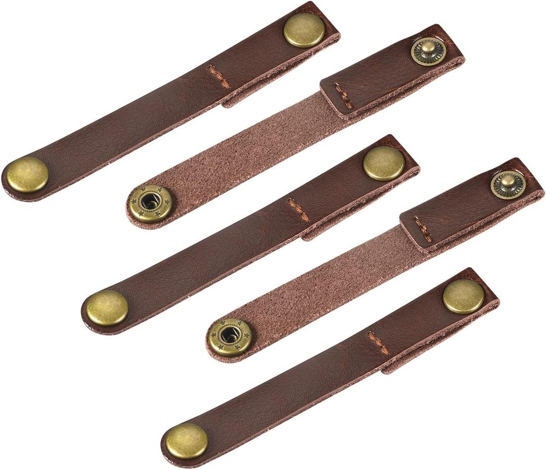 MECCANIXITY Pack of 5 Leather Cable Straps Cord Organizer 90x12mm Portable Cable Leather Clips Brown Earphone Cord Management for Cable, Wire