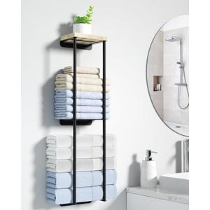 Towel Racks for Bathroom, 2 Tier Wall Towel Holder with Wood Shelf, Metal Wall Mounted Towel Rack Bathroom Organizers and Storage, Black