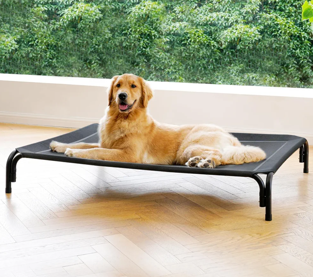 Elevated Dog Bed Raised Outdoor Dog Cot for Large Dogs, Installation Requires No Tools, Frame with Washable Cooling Breathable Mesh Anti-Slip Feet, Indoor Pet Bed, Black, 43.3 Inches