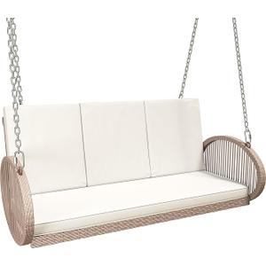 YITAHOME Outdoor Porch Swing, 3-Seater Patio Swing Chair with 4 Comfort Cushions, Sturdy Iron Frame, 800lbs Capacity, Wicker Hanging Bed for Backyard, Garden, Patio, Bedroom (Beige)