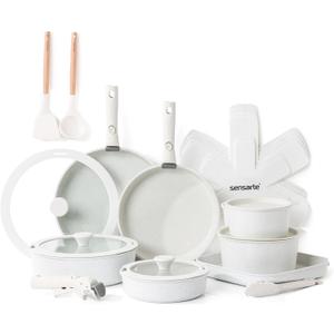 SENSARTE 24 Piece Pots and Pans Set, Nonstick Detachable Handle Cookware, Induction Kitchen Cookware Set with Removable Handle, Healthy Non Stick for RV, Dishwasher  Oven Safe (White)
