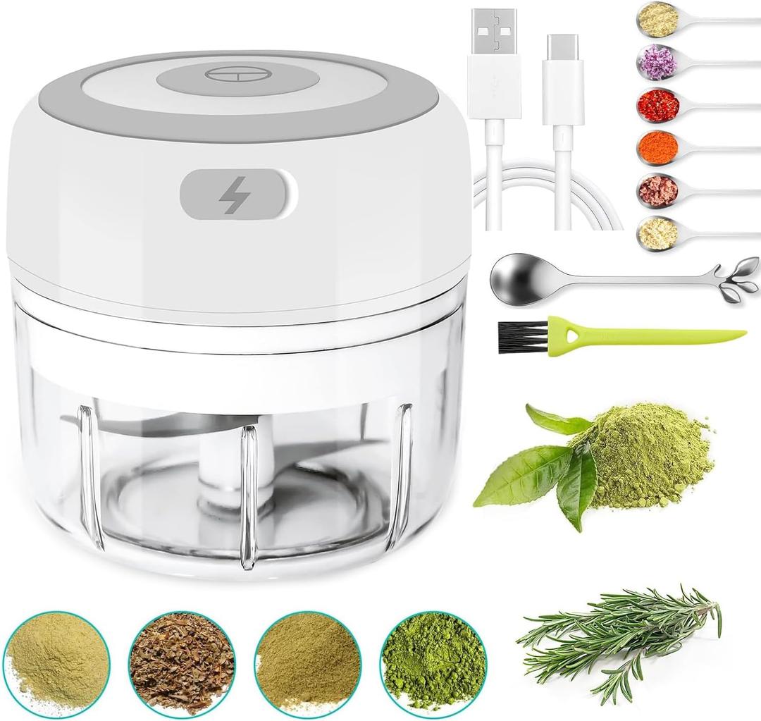 Electric Herb Grinder with Mini Scoop & Brush - 3.5-Inch 3.4oz USB Cordless, Adjustable Coarse to Fine Grind for Spices/Garlic/Herbs - Waterproof Portable Food Chopper (White)