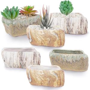 6 Pcs 5.3 Inch Ceramic Succulent Pots Stone Shape Bulk Rectangle Window Box Cactus Plant with Drainage Hole Succulent Planters Small Cactus Pots for Indoor Garden Office Table Decor Gift