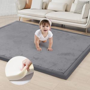 ACOMOPACK Baby Play Mat for Floor,1.3" Thick Elasti-Foam 59"×71" Non-Slip Water Repellent,Non-Toxic Playpen Mat for Infants Toddlers Kids, Ultra Soft Coral Velvet for Tummy Time Crawling（Dark Grey）