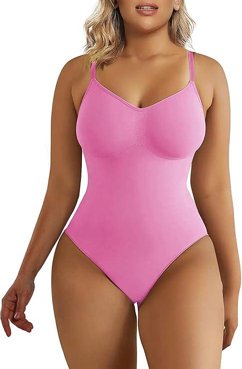 SHAPERX Women's Shapewear Bodysuit Tummy Control Body Shaper Seamless Sculpting Snatched Waist Body Suit Pink