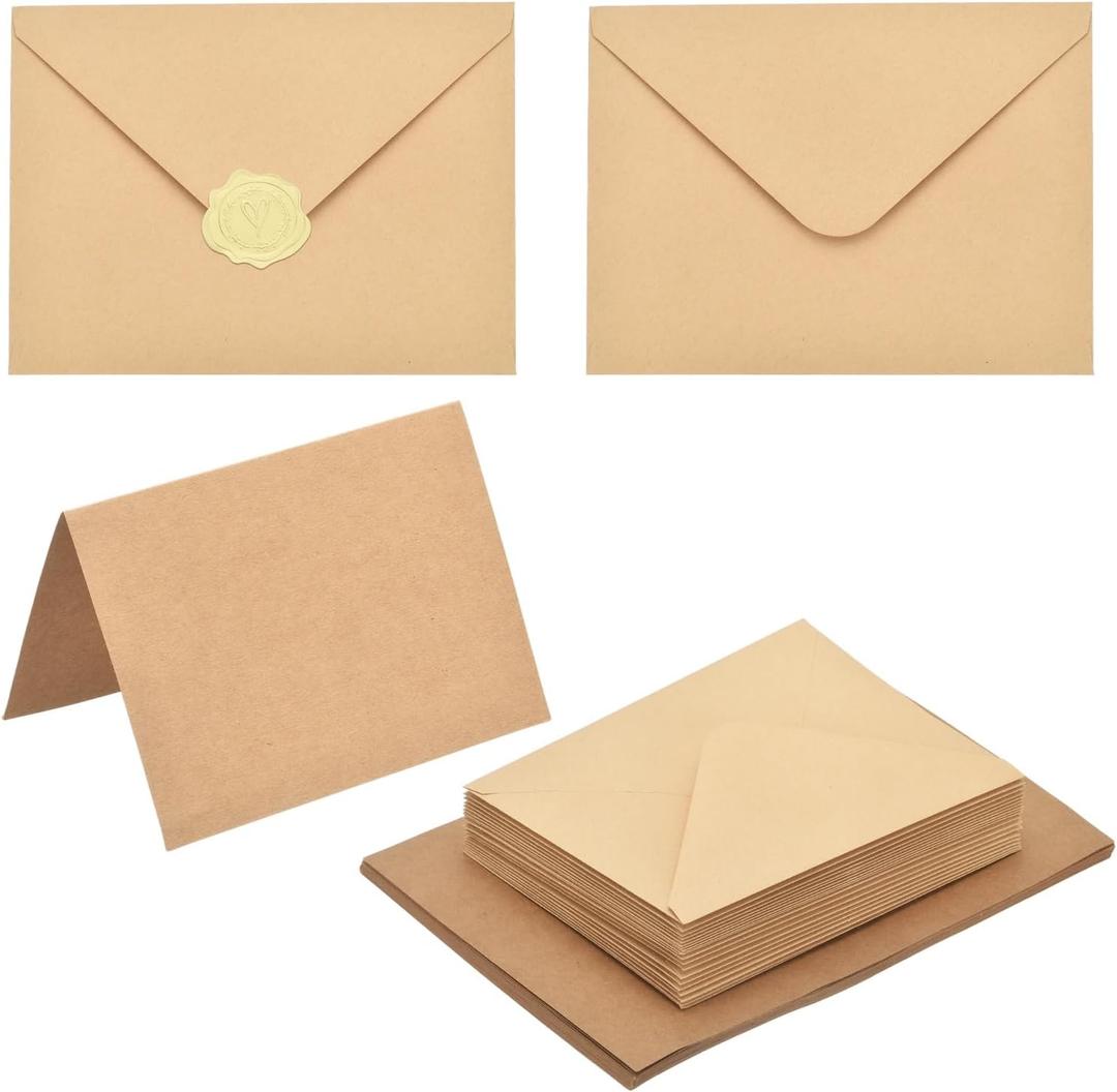 PATIKIL 50Pack Light Brown 5x7 Blank Cards and Envelopes, V Flap A7 Envelopes with Cardstock & Gold Stickers Small for Greeting Cards Wedding Greeting Birthday Invitations Letter Mailing