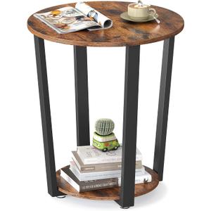 VASAGLE Round Side End Table, 2-Tier Accent Bedside Table with Storage Shelf, Easy Assembly, Nightstand for Small Spaces, Living Room, Bedroom, Rustic Brown and Ink Black ULET57X, 19.7"dia. X 22.4"h