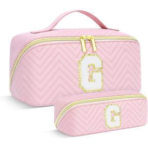 Makeup Bag Travel Toiletry Bag, Personalized Initial Pink Makeup Bag, Gift for Women Gils, Large Capacity Leather Cosmetic Bags, Waterproof Open Flat Organizer for Christmas, Halloween & Thanksgiving