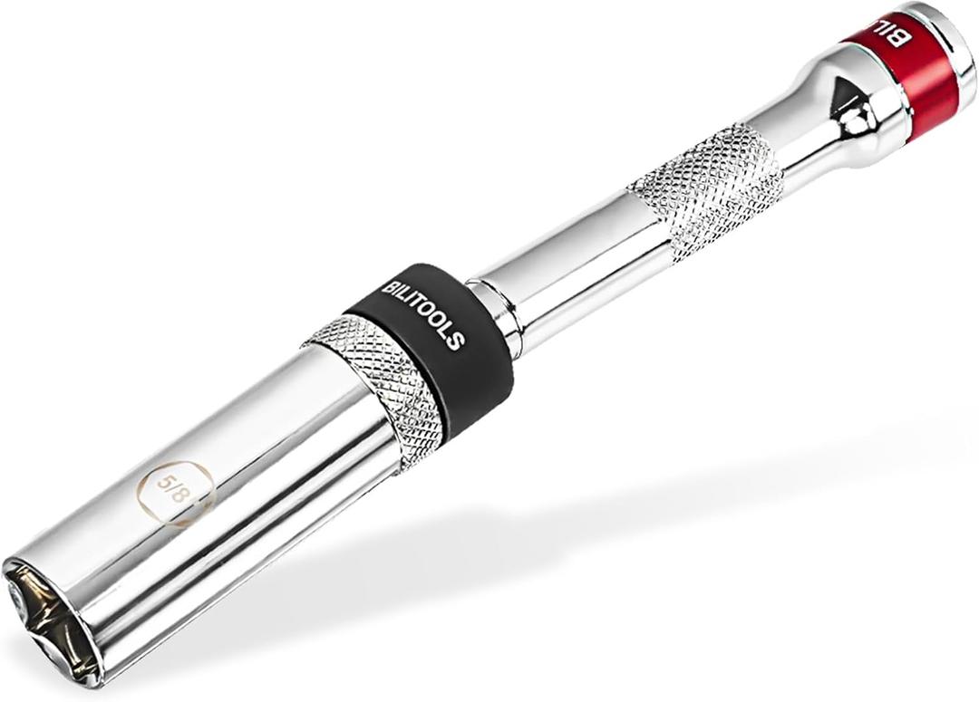 BILITOOLS 5/8-inch Magnetic Spark Plug Socket Swivel Thin Wall Spark Plug Socket 3/8-inch Drive x 6" Total Length with 6-Point, CR-V