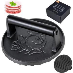 COOKWIN 6" Cast Iron Smashed Burger Press Kit, Heavy-Duty Hamburger Smasher with Non-Slip Handles and 50 pcs Patty Paper, Bacon Meat Weight Press for Steak, Smashburger, Grill and BBQs (6 inch Black)