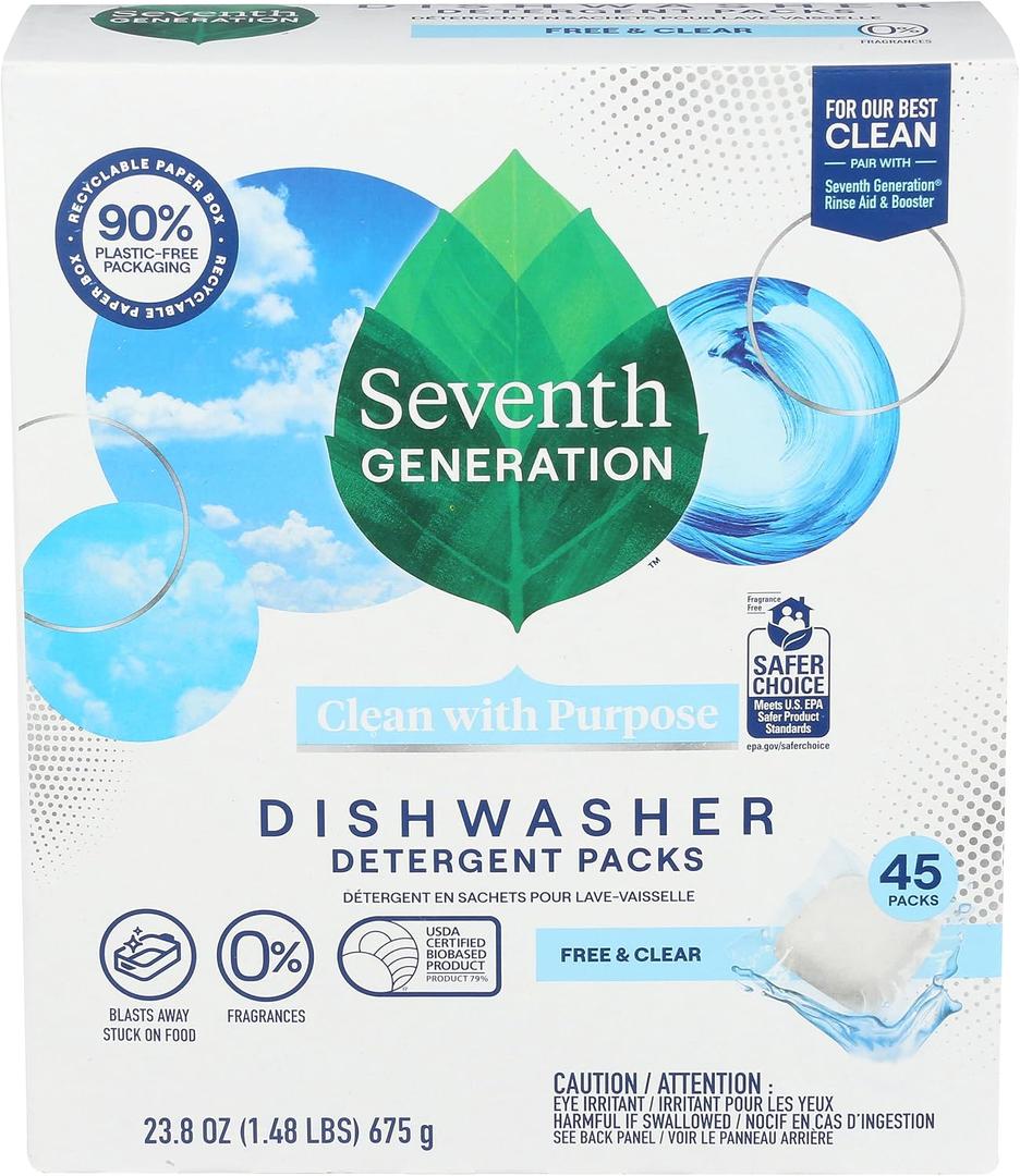 Seventh Generation Dishwasher Detergent Packs Free & Clear for sparkling dishes Dishwasher tabs 45 count, Free & Clear