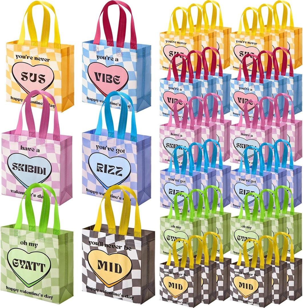 Sunnymove 36 Pcs Valentines Day Gift Bags with Handles Teen Slang Reusable Non-woven Tote Valentines Goodie Treat Bags for Classroom Exchange, Party Favor, Gift Wrapping for Giving