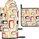 Mid Century Modern Retro Oven Mitts and Pot Holders Sets of 3 Vintage Decorative Heat Resistant Non Slip BBQ Gloves for Cooking Grilling Baking Kitchen Decor