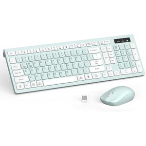 Wireless Keyboard and Mouse Combo, Full-Sized Wireless Keyboard and Adjustable DPI Mouse, 2.4GHz USB Receiver, Keyboard and Mouse for PC, Windows, Desktop, Laptop (Mint Green and White)