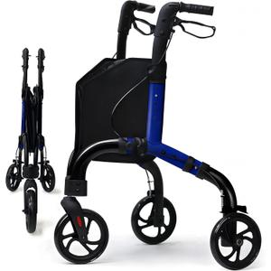 Premium 3 Wheel Rollator Walker for Seniors, Lightweight Foldable Elderly Three Wheeled Rollator with Storage Bag, Aluminum Mobility Aid Rolling Walker (Black & Blue)
