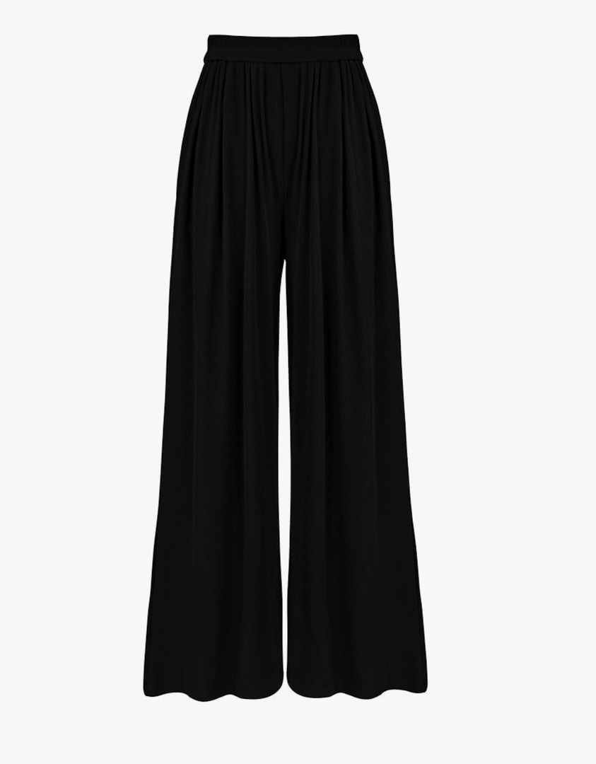 BTFBM Womens Casual Wide Leg Pants Summer Fall Clothes Pleated Elastic Waist Loose Palazzo Knit Trousers with Pockets, Size: M