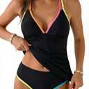 RXRXCOCO Women Tankini Swimsuits Bathing Suits Tummy Control Colorblock V Neck Ruched High Waisted Swimwear Black XL