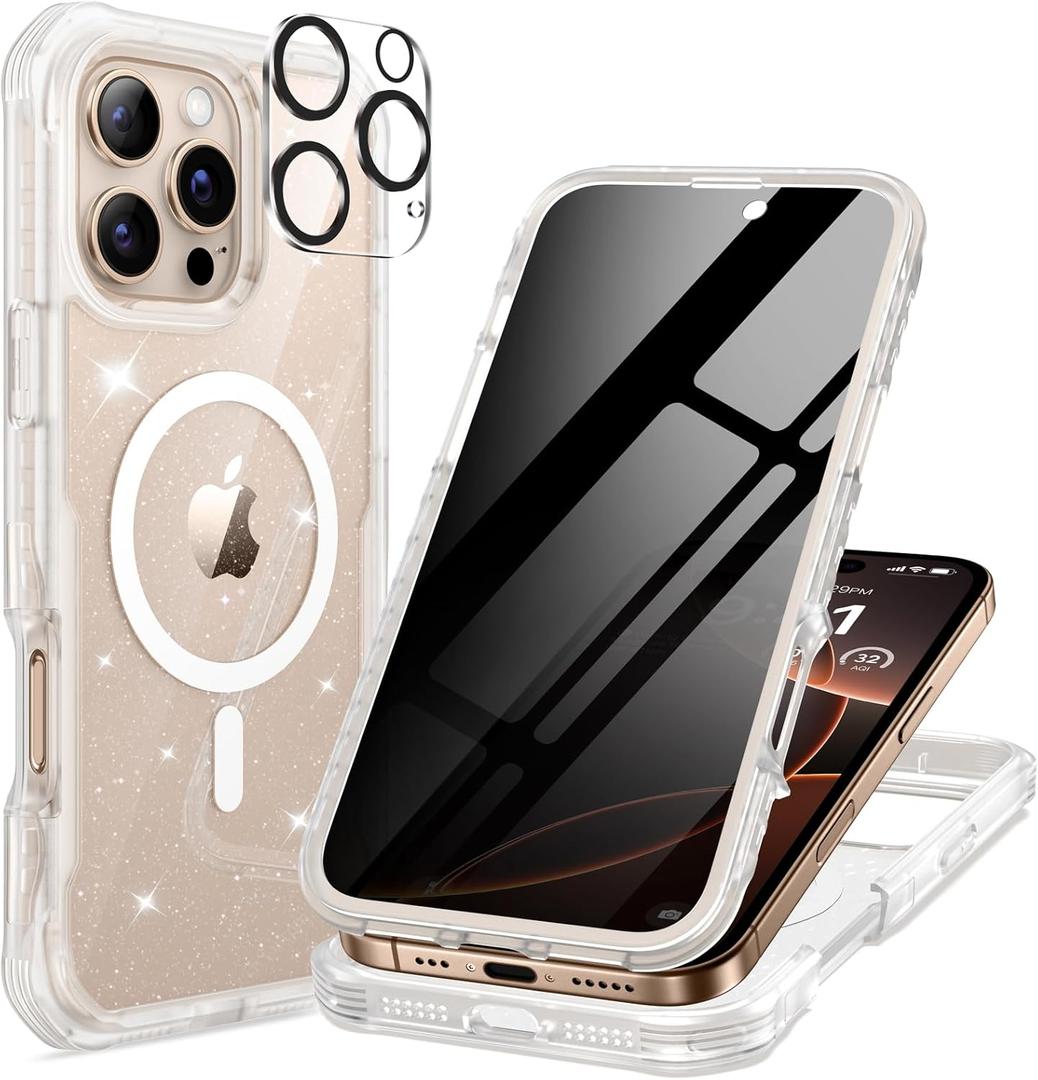 seacosmo for iPhone 16 Pro Max Case for Women, Full Body with Built-in Privacy Screen and Camera Lens Protector, Anti-Yellowing, Compatible with MagSafe, Shockproof Cute Girl Case, 6.9", Clear Glitter