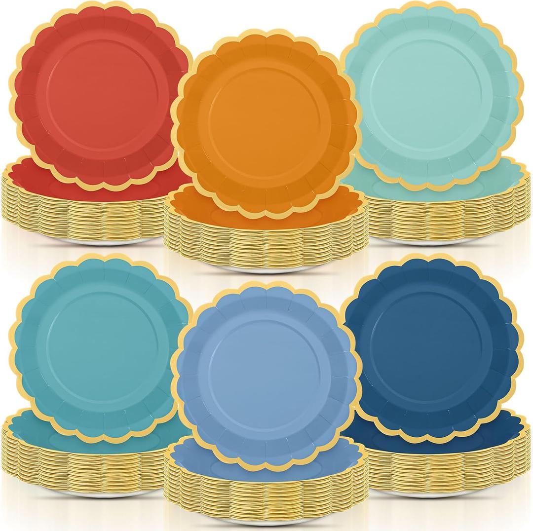 96 Pcs Blue and Orange Paper Plates 9 Inch Gradient Scalloped Paper Plates Disposable Dinner Dessert for Birthday Wedding Bridal Party Supplies, 6 Colors (Colorful)