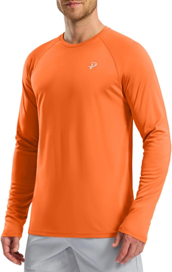 Pudolla Men's Sun Protection Shirts UV SPF UPF 50+ Rash Guard Long Sleeve Lightweight Quick Dry Brethable Swimming Fishing (Orange, L)