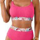 Herseas Women's Textured Bikini Sets Floral Print Trim Scoop Neck Swimsuits High Waisted Bathing Suits X-Large