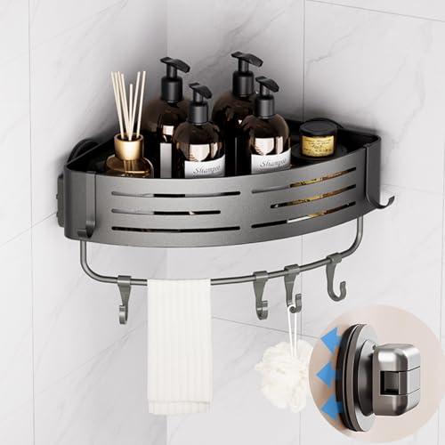 Onemake Corner Shower Caddy with Suction Cups, Aluminum Wall Mounted Organizer Shelves Storage Rack with Towel Bar for Small Bathroom Grey