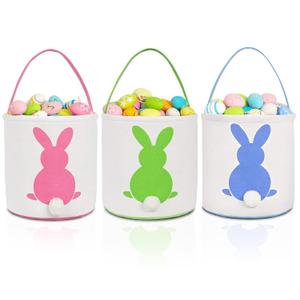 Easter Bunny Baskets for Kids, 3 Pack Canvas Easter Eggs Hunt Bag Rabbit Gifts Toys Bucket Tote (Pink Blue Green)