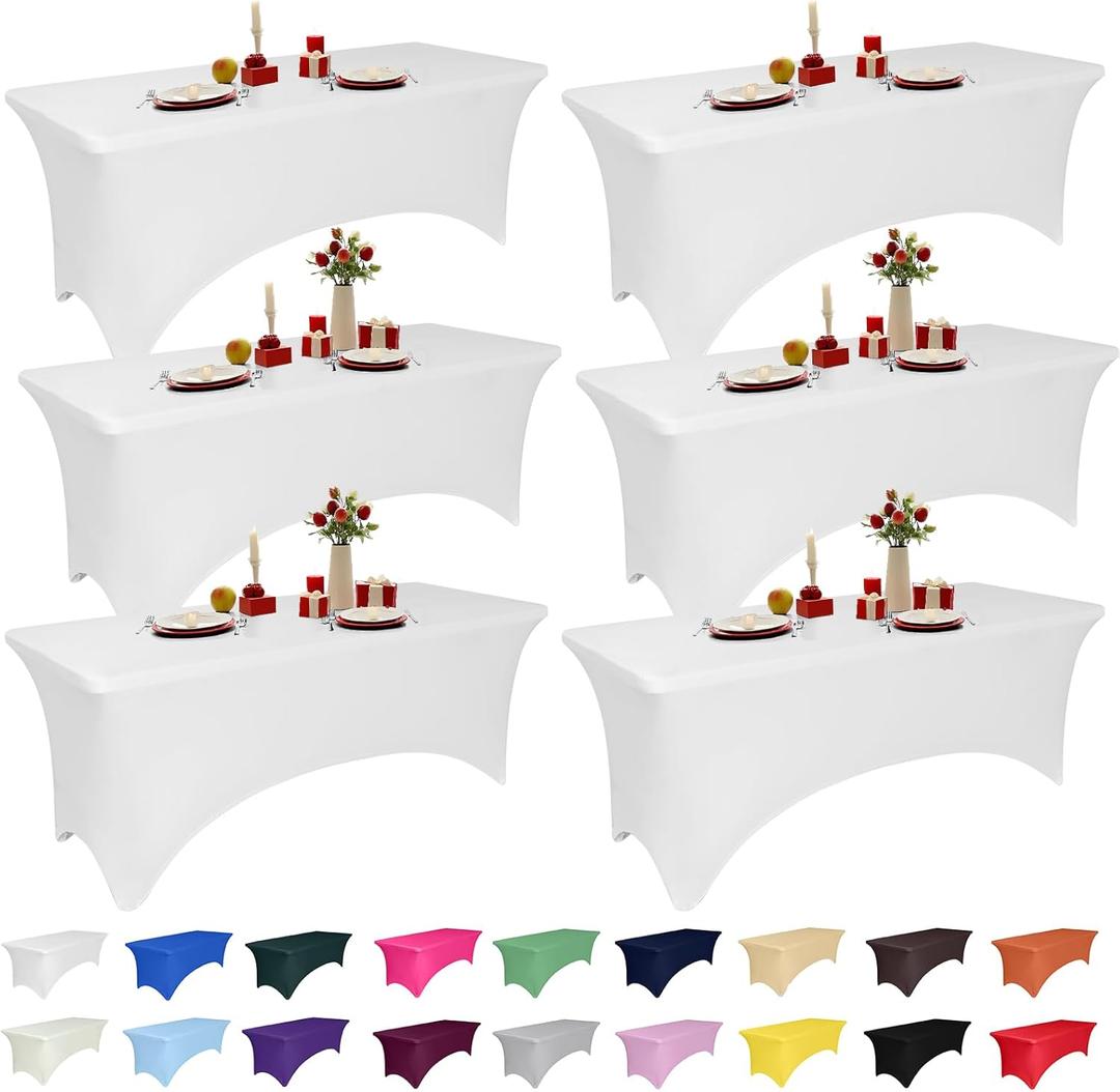 6 Pack 8 Feet White Spandex Tablecloth for Rectangular Tables, Fitted & Stretch, Washable, Wrinkle Resistant, Perfect for Event, Wedding, Party, Banquet, Cocktail, Festival, and Table Protector