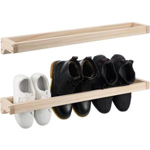 Wenqik 2 Pcs Wall Mounted Shoe Rack 30 Inch Rustic Wood Wall Hanging Shoe Rack Space Saving Footwear Holder Shoe Storage Organizer for Mudroom, Entryway, Closet (Wood Color)