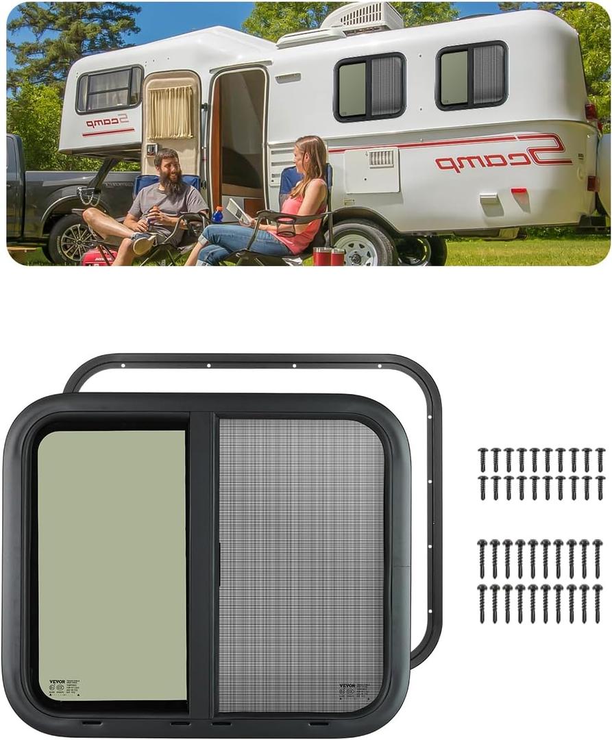 VEVOR Horizontal RV Window, 24" W x 20" H, Tinted, Tempered Glass, Fits 15/16" - 1 3/4" Thickness Walls, DOT Approved