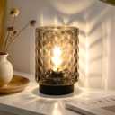 LUSHARBOR Battery Operated Lamp with Timer, Small Table Lamp for Office Desk Decor, Glass Cordless Lamp Bedside Cozy Light for Living Room Aesthetic, Entryway Wave Design-Grey