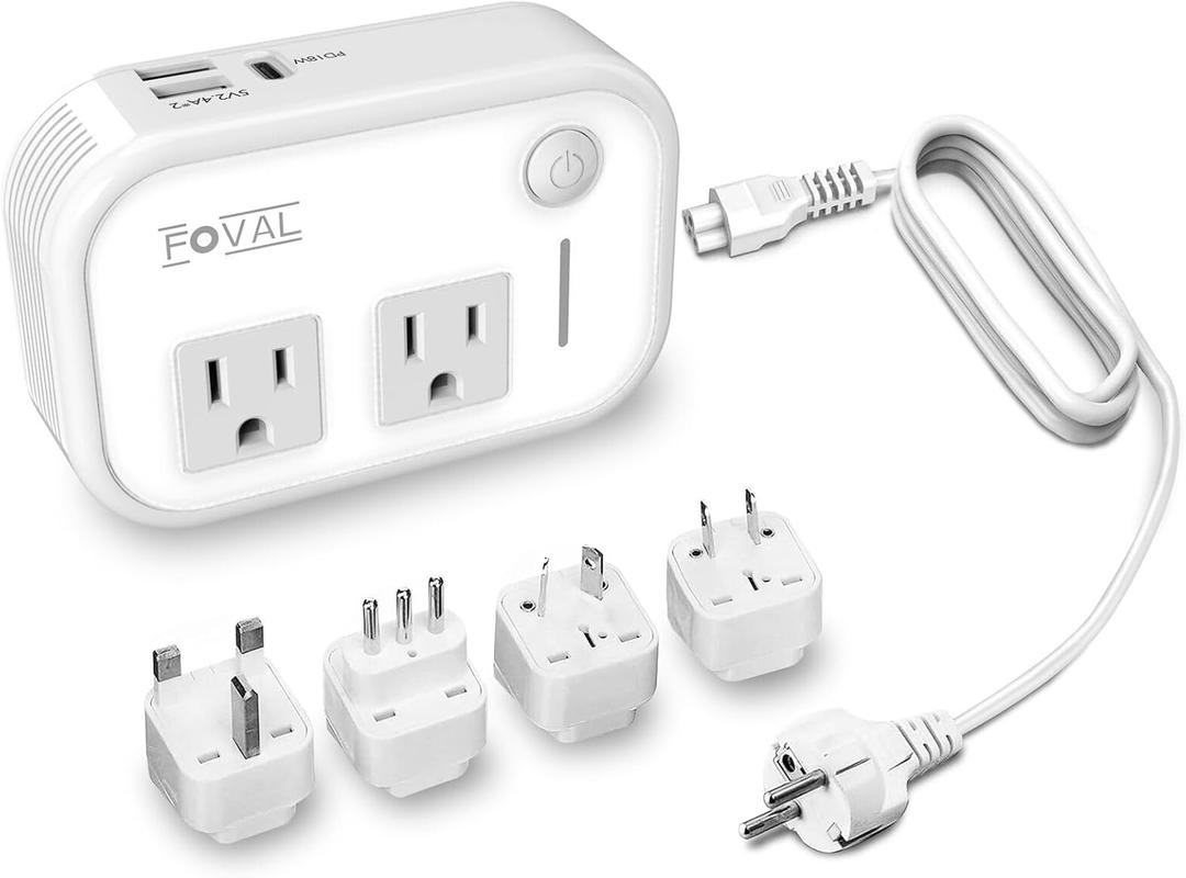 220V to 110V Converter Travel Adapter, FOVAL International Step Down Power Converter for Hair Straightener/Curler with 18W USB-C Port Voltage Converter US to Europe Italy UK AU China Plug (White)