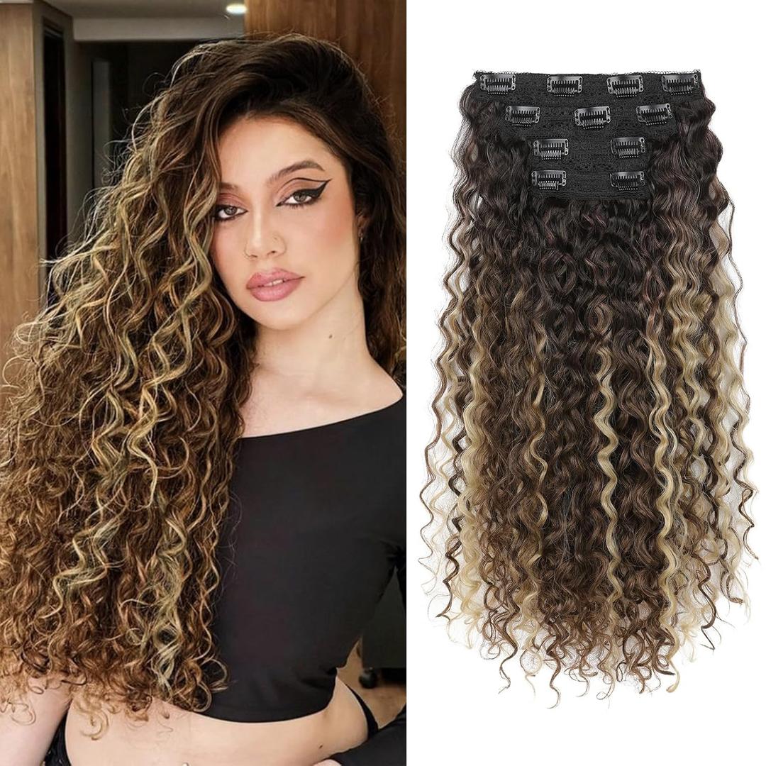 Clip in Hair Extensions, FLUFYMOOZ 4PC 100 Pure Protein Silk Hair Extensions Long Soft Natural Hairpiece 20 Inch Curly Hair Extension for Women (Medium Brown Ash Blonde Highlight)