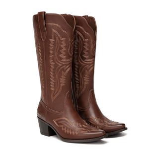 Size 8 Athlefit Women's Square Toe Cowboy Cowgirl Boots Low Chunky Heel Embroidery Western Mid Calf Boots for Country Concerts