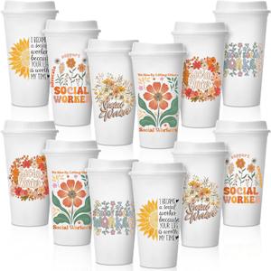 Pickmesh 12 Pcs Social Worker Appreciation Coffee Cup Gifts for Staff 16 oz Reusable Appreciation Tumblers with Lid Travel Coffee Mug Thank You Gifts for Hot and Cold Drinks