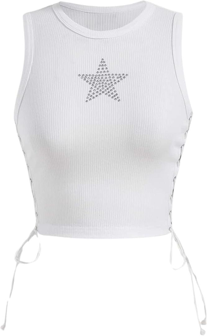 SOLY HUX Women's Tank Tops Y2K Summer Going Out Crop Top Concert Outfits | Sleeveless Lace Up Star Shirt, Sparkly Rave Top, Festival Outfits, Grunge Clothes (White, S)