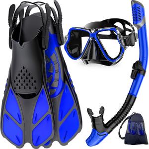Zenoplige Mask Fins Snorkel Set, Snorkeling Gear for Adults, Panoramic View Snorkel Mask Anti-Fog, Adjustable Dive Flippers, Dry Top Snorkel and Travel Bag, Scuba Gear for Swimming Snorkeling Diving (Large-X-Large, Blue Black)