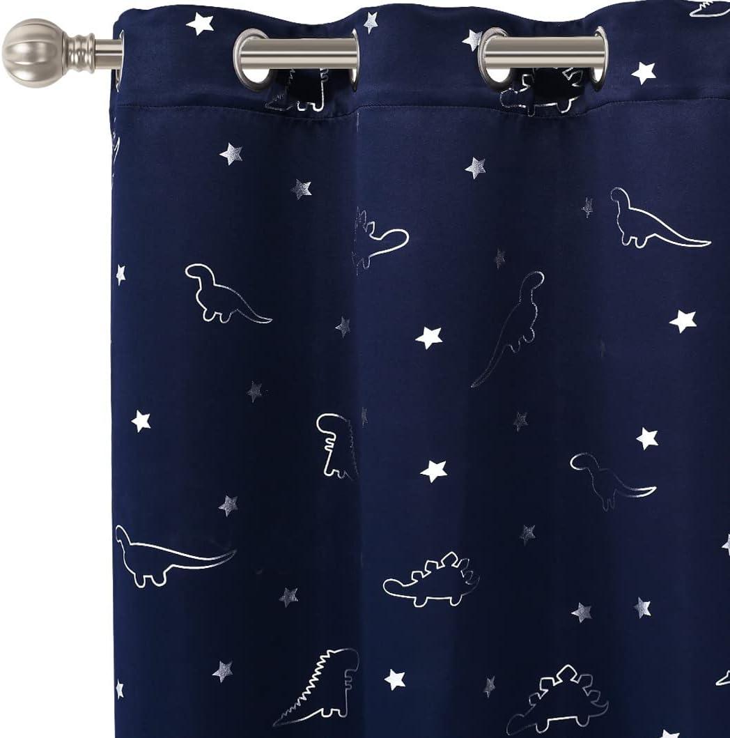 LORDTEX Dinosaur and Star Foil Print Blackout Curtains for Kids Room - Thermal Insulated Curtains Noise Reducing Window Drapes for Boys and Girls Bedroom, 42 x 84 Inch, Navy, Set of 2 Panels