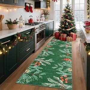 GarveeHome Christmas 2x8 Leaf Rug for Kitchen, Machine Washable Holiday Runner Rugs Botanical Floor Carpet Bedside Green Christmas Decor for Entryways Hallways Bathroom Laundry Room Living Room