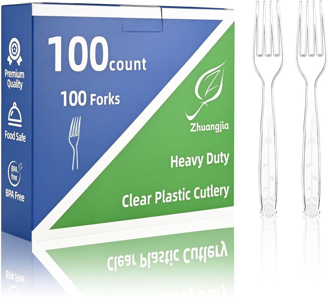 100 Count Extra Heavy Duty Clear Plastic Forks Disposable, BPA-Free, Heat Resistant, Durable Disposable Forks Bulk for Catering & Events Party Supplies