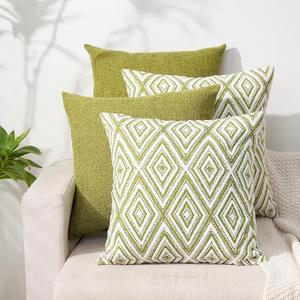HPUK Decorative Throw Pillow Covers Set of 4 Geometric Design Linen Cushion Cover for Couch Sofa Living Room, 18"x18" inches, Green
