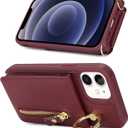 for iPhone 12 Mini Case with Card Holder for Women, for iPhone 12 Mini Phone Case Wallet with Strap Credit Card Slots Crossbody with Kickstand Zipper Case - Red Wine